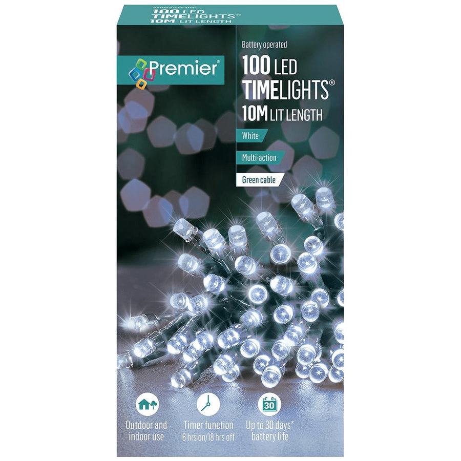 Premier 100 Battery Operated LED Timelights – White, Multi - Action - XMAS BATTERY OPERATED LIGHTS - Beattys of Loughrea