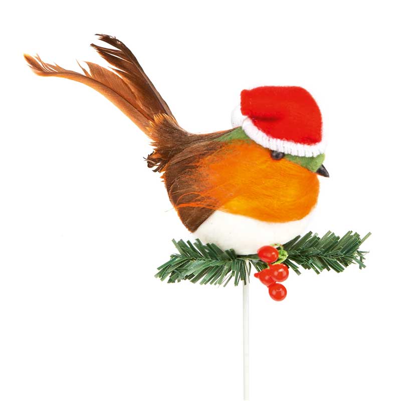 Premier 10cm Robin and Santa Hat Christmas Pick