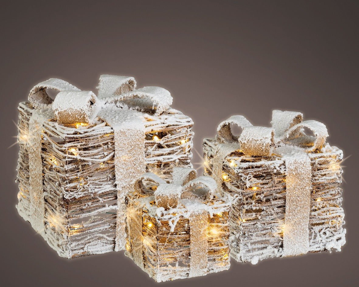Lumineo Set of 3 Battery Operated LED Giftboxes Rattan Steady Warm White - XMAS LIGHTED OUTDOOR DECOS - Beattys of Loughrea