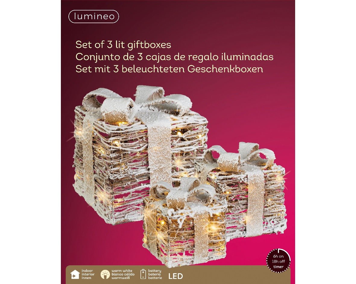 Lumineo Set of 3 Battery Operated LED Giftboxes Rattan Steady Warm White - XMAS LIGHTED OUTDOOR DECOS - Beattys of Loughrea