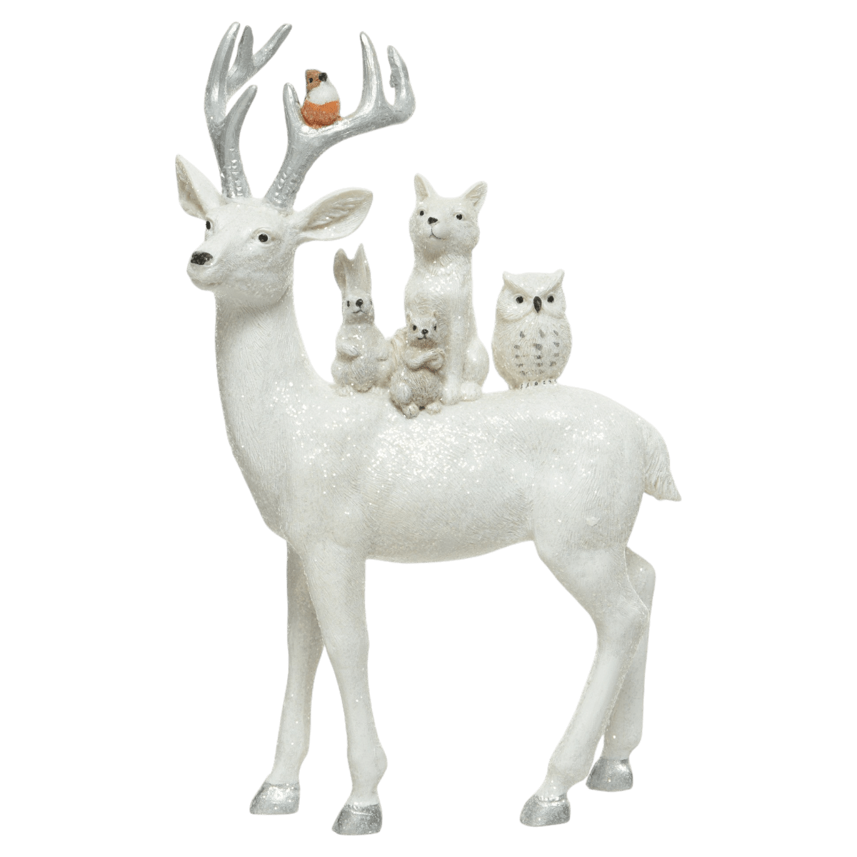 Glitter Deer With Woodland Animals Decoration 25.5cm - XMAS CERAMIC WOOD RESIN GLASS ORNAMENTS - Beattys of Loughrea