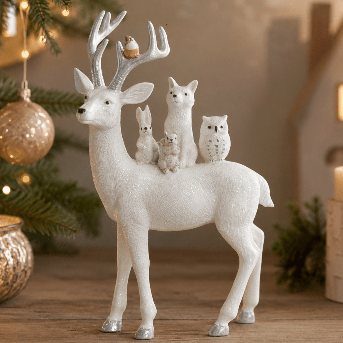 Glitter Deer With Woodland Animals Decoration 25.5cm - XMAS CERAMIC WOOD RESIN GLASS ORNAMENTS - Beattys of Loughrea