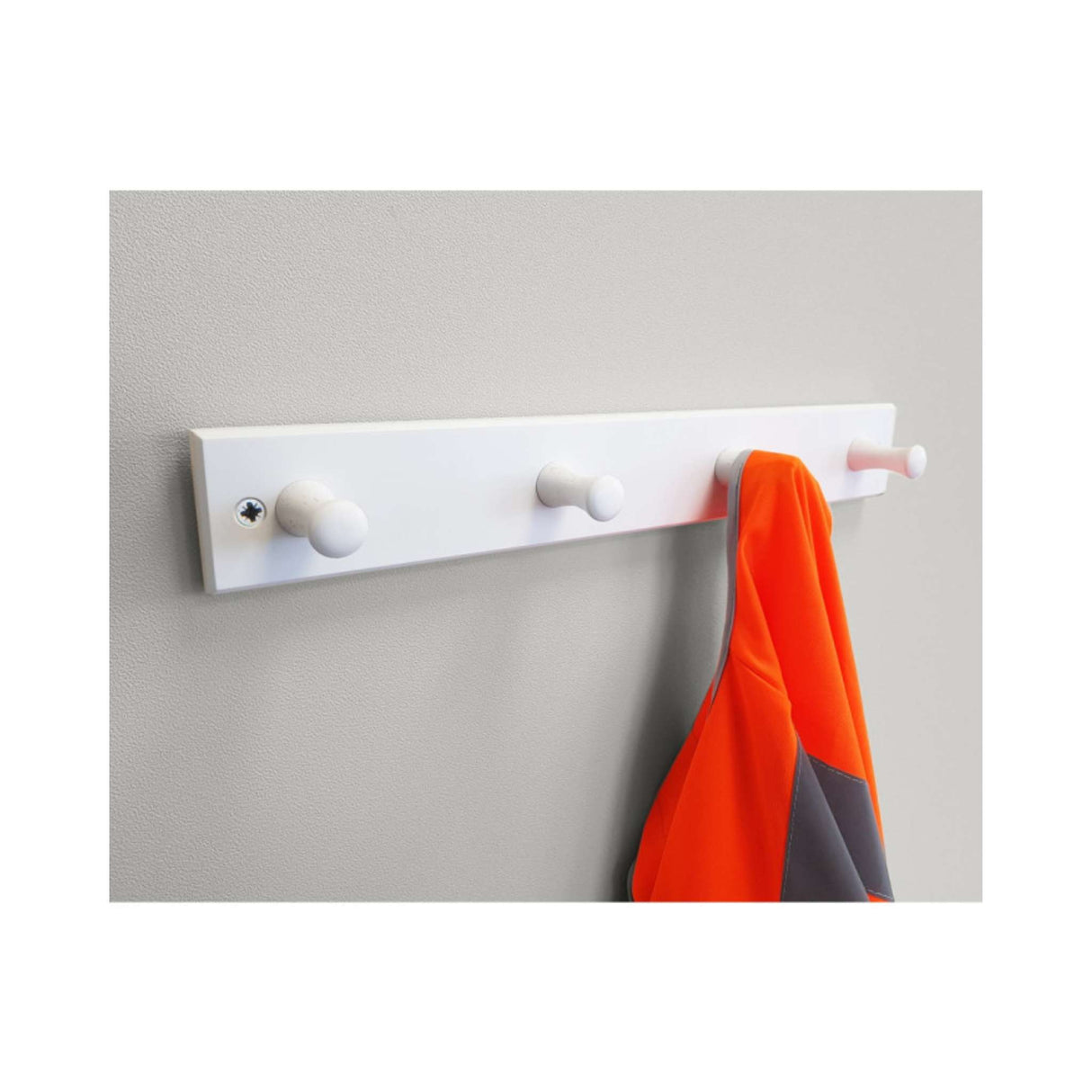 White Peg Hooks on White Board – 4 Wooden Pegs (W 455 × H 70 mm) - HAT & COAT HOOK ON TIMBER - Beattys of Loughrea