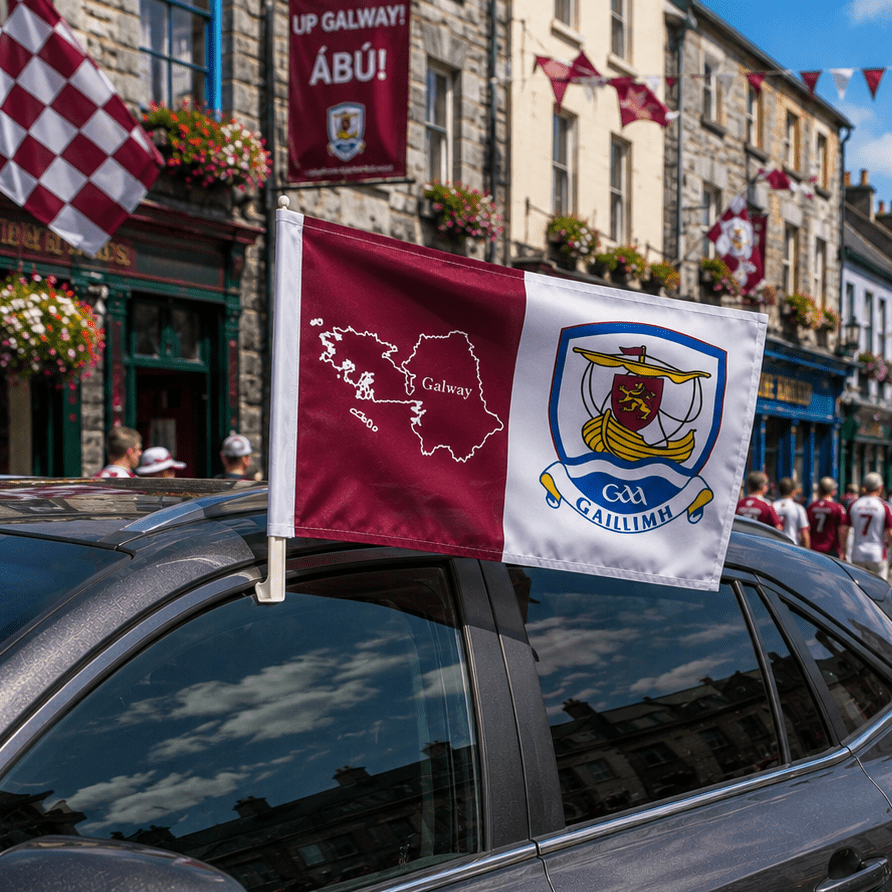Galway GAA 15" x 12" County Car Flag - Maroon/White - FOOTBALL/NETS/ACCESSORIES - Beattys of Loughrea