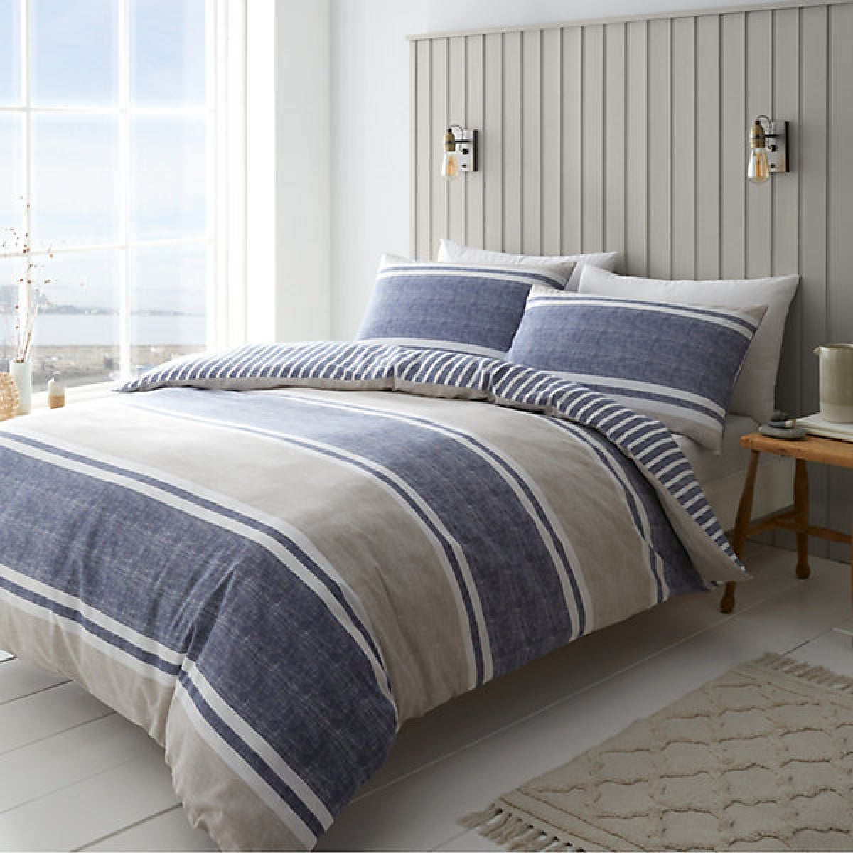 Catherine Lansfield Bedding Textured Banded Stripe Double Duvet Cover Set with Pillowcases Blue