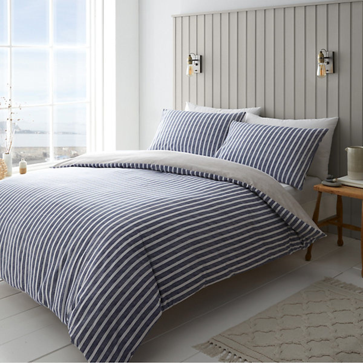 Catherine Lansfield Bedding Textured Banded Stripe Double Duvet Cover Set with Pillowcases Blue