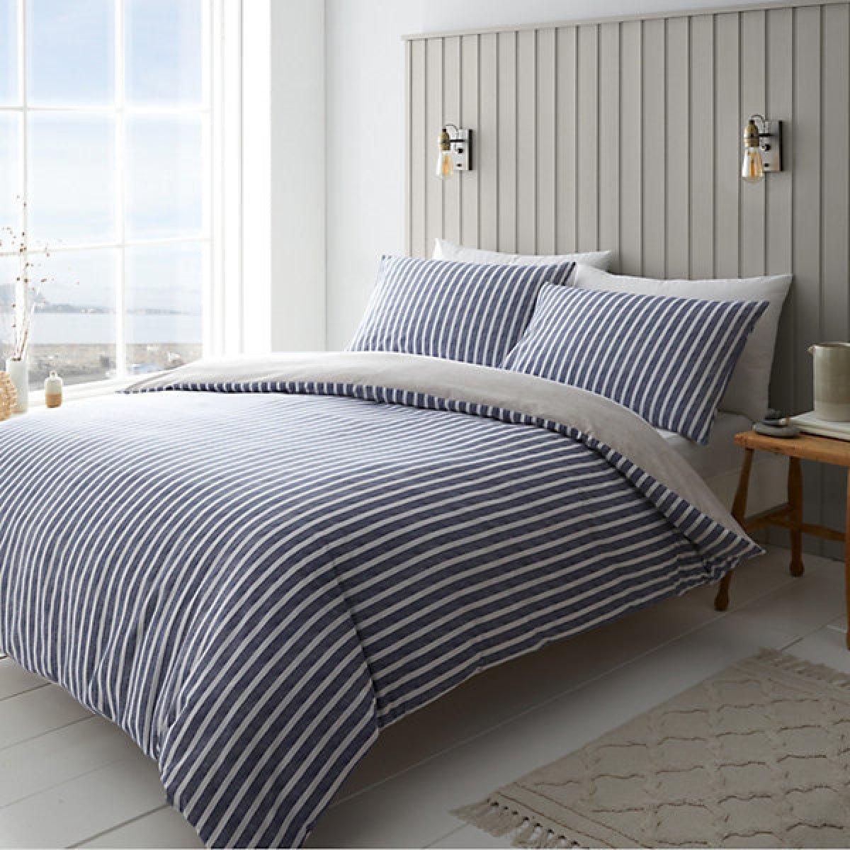 Catherine Lansfield Bedding Textured Banded Stripe Double Duvet Cover Set with Pillowcases Blue - DUVET COVERS - Beattys of Loughrea