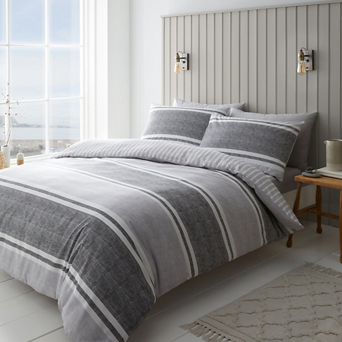 Catherine Lansfield Bedding Textured Banded Stripe Single Duvet Cover Set with Pillowcase Charcoal Grey - DUVET COVERS - Beattys of Loughrea