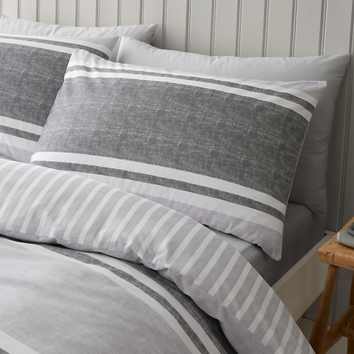 Catherine Lansfield Bedding Textured Banded Stripe Single Duvet Cover Set with Pillowcase Charcoal Grey - DUVET COVERS - Beattys of Loughrea