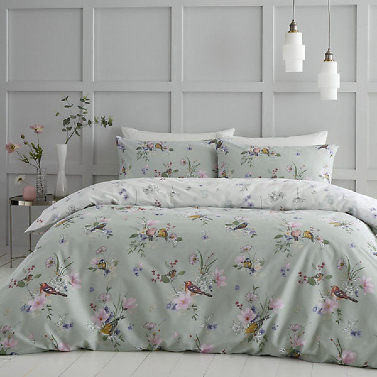 Catherine Lansfield Bedding Songbird King Size Duvet Cover Set with Pillowcases Sage Green - DUVET COVERS - Beattys of Loughrea