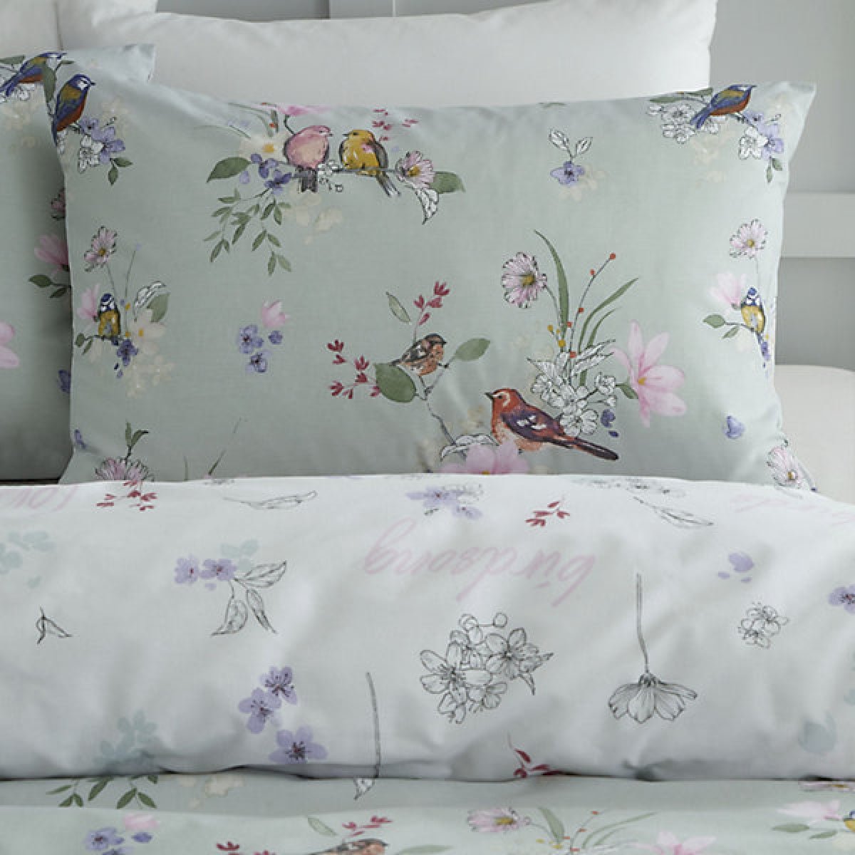 Catherine Lansfield Bedding Songbird Single Duvet Cover Set with Pillowcase Sage Green - DUVET COVERS - Beattys of Loughrea