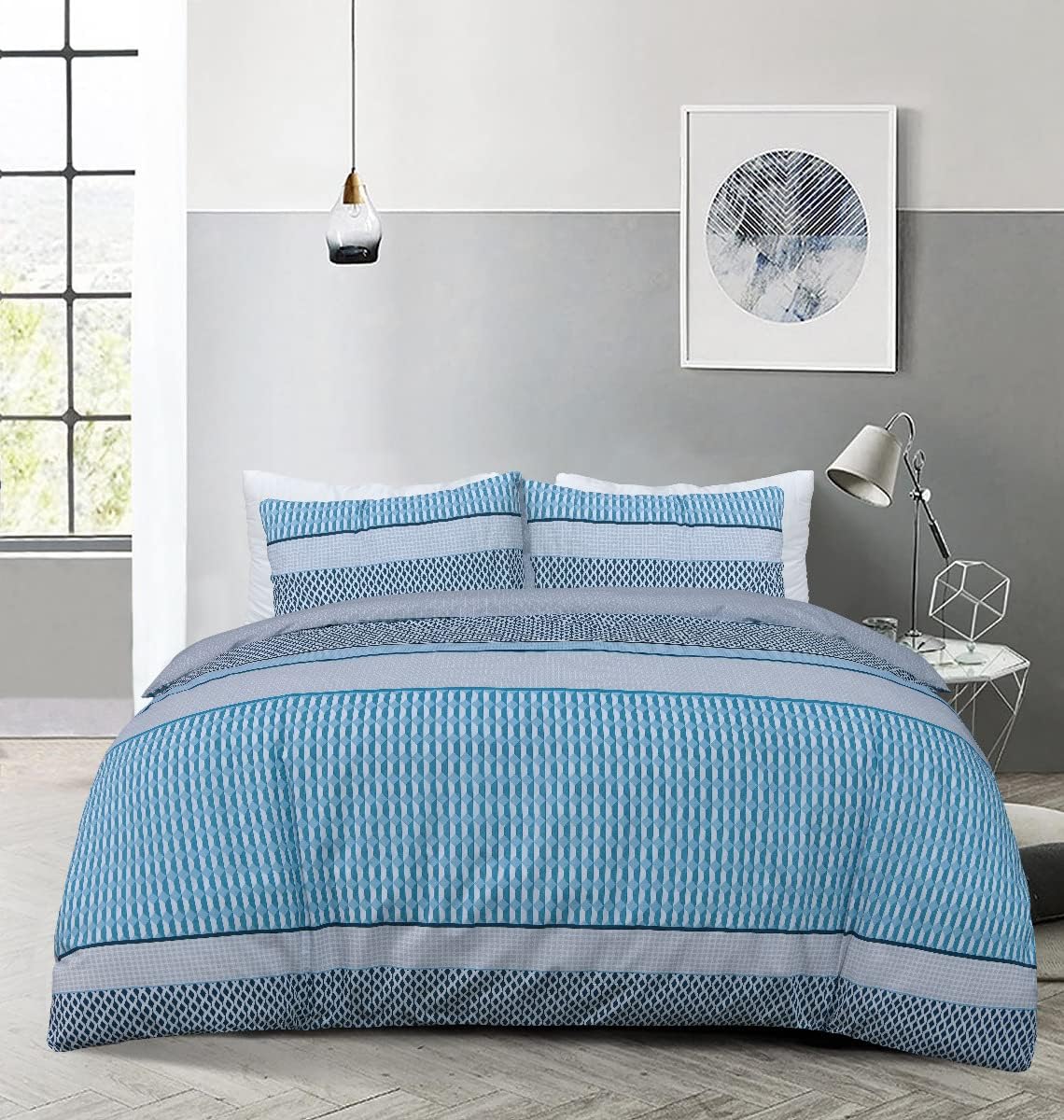 Sleepdown Stripe Geo Blue Duvet Set Kingsize - DUVET COVERS - Beattys of Loughrea