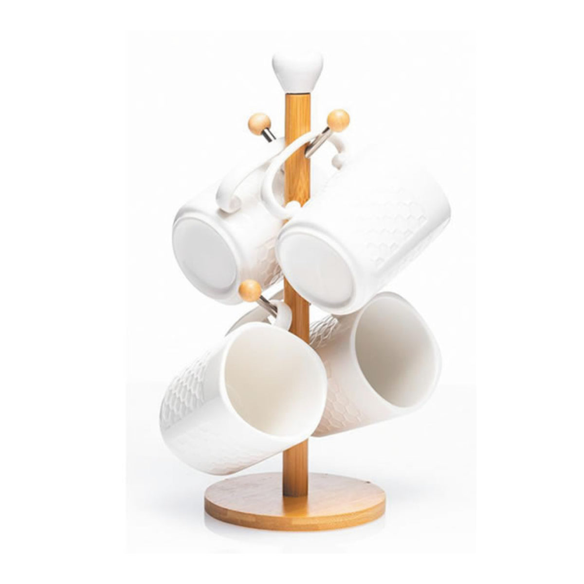 Newgrange Living White Ceramic Mug Set of 4 with Wooden Stand