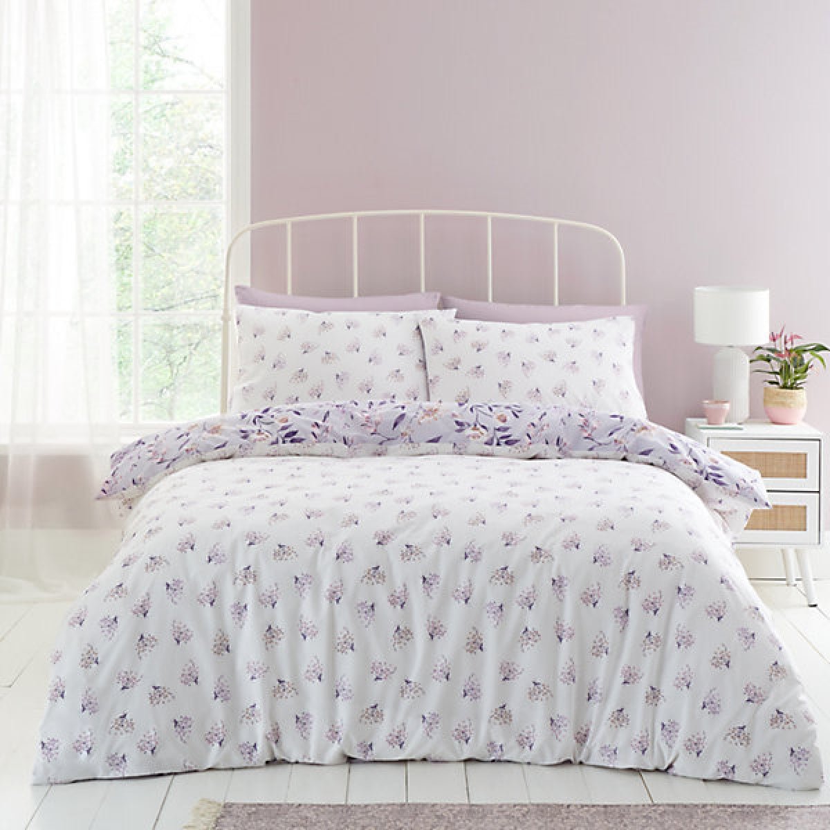 Catherine Lansfield Bedding Isadora Floral Reversible King Size Duvet Cover Set with Pillowcases Lilac - DUVET COVERS - Beattys of Loughrea