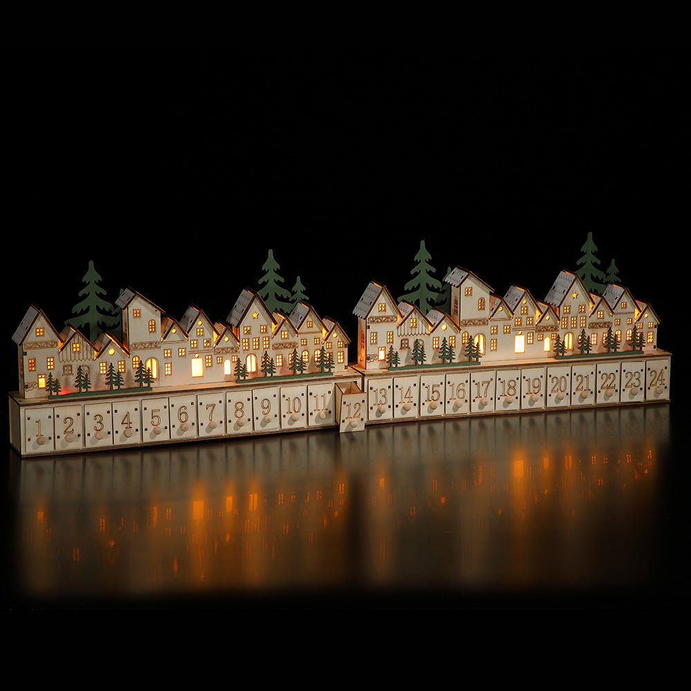 Noma Wooden Village Advent Calendar With 12 Warm White Leds - XMAS CERAMIC WOOD RESIN GLASS ORNAMENTS - Beattys of Loughrea