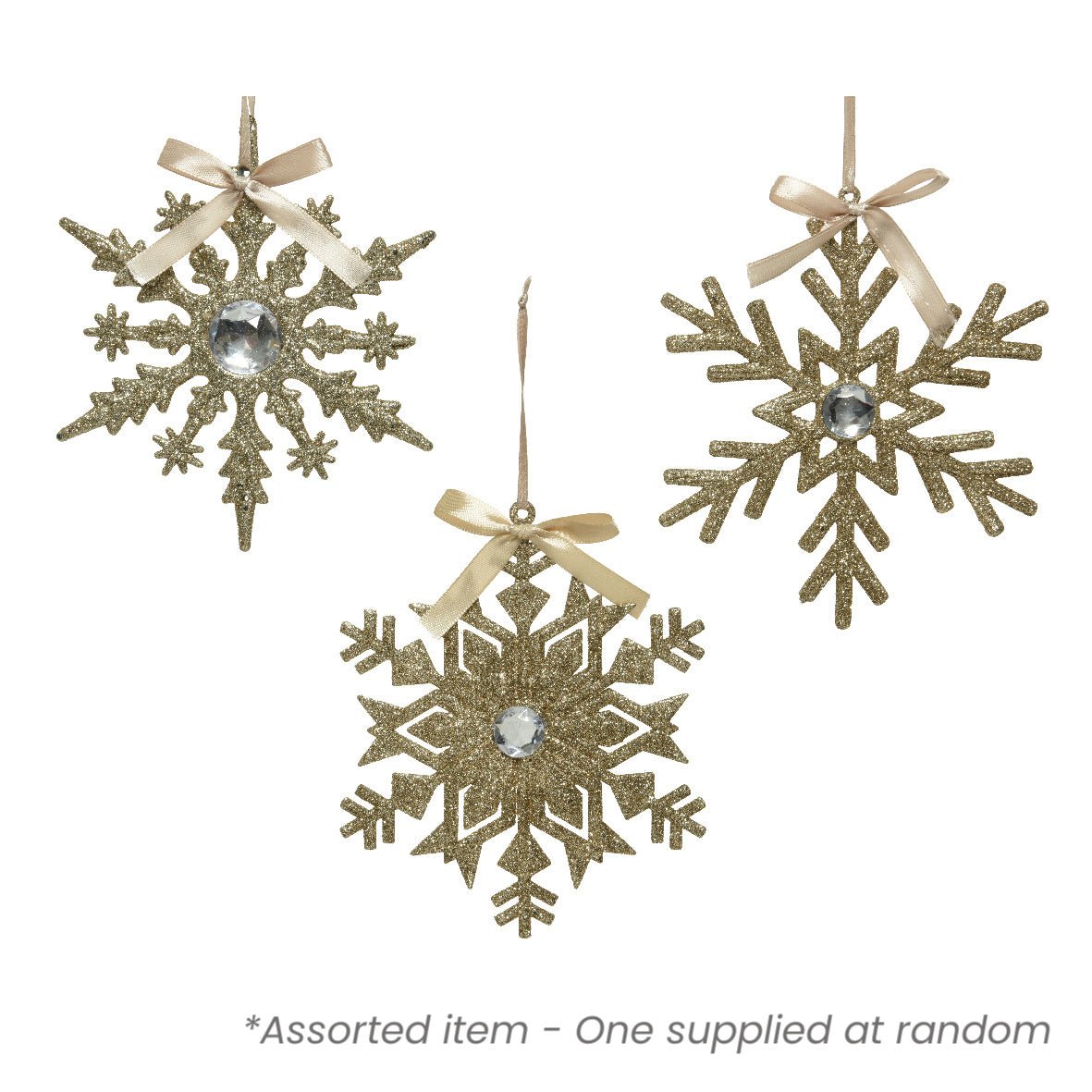 Champagne Snowflake Decoration Assorted - One Supplied* - XMAS HANGING DECOS - Beattys of Loughrea