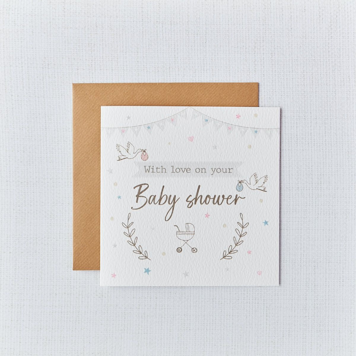 R13 BABY SHOWER WHITE W/ STORKS & WREATHS CARD 4BY375