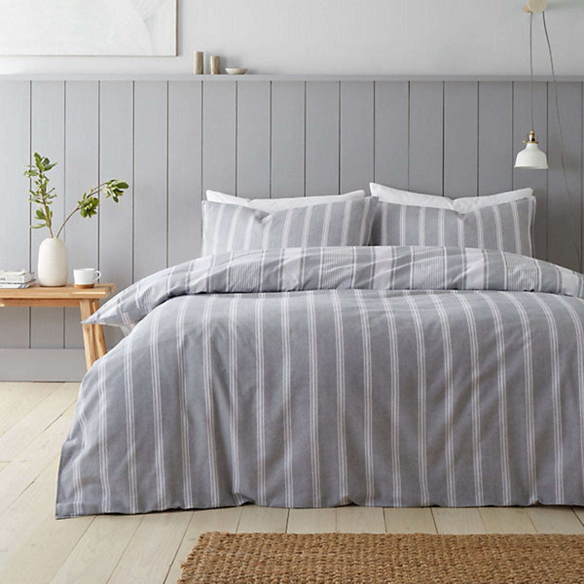 Bianca Brushed Cotton Ticking Stripe Reversible Super King Duvet Cover Set with Pillowcases Grey