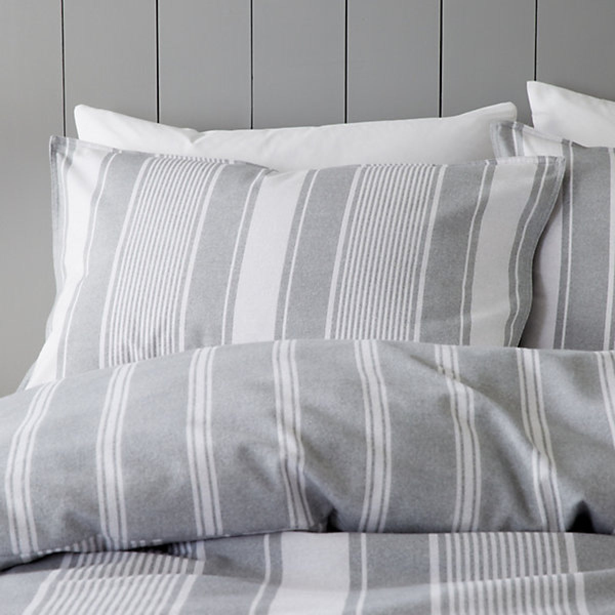 Bianca Brushed Cotton Ticking Stripe Reversible Super King Duvet Cover Set with Pillowcases Grey