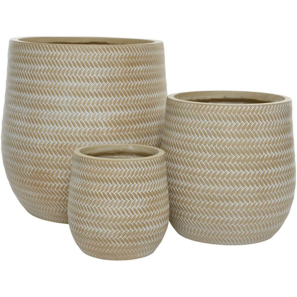 Alex Fibre Clay Set of 3 Round Planters - Soft Beige - PLANTER POT CLAY / CERAMIC /RESIN - Beattys of Loughrea
