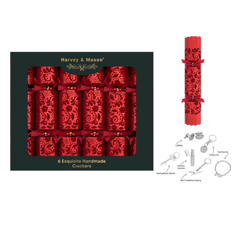 Harvey & Mason 6 Exquisite Red Flock 13.5" Crackers - XMAS ACCESSORIES - Beattys of Loughrea