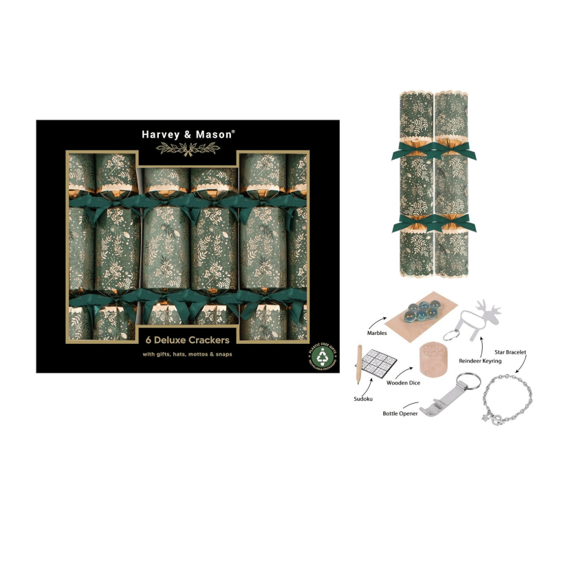 Harvey & Mason 6 Deluxe Green Foliage 13.5" Crackers - XMAS ACCESSORIES - Beattys of Loughrea