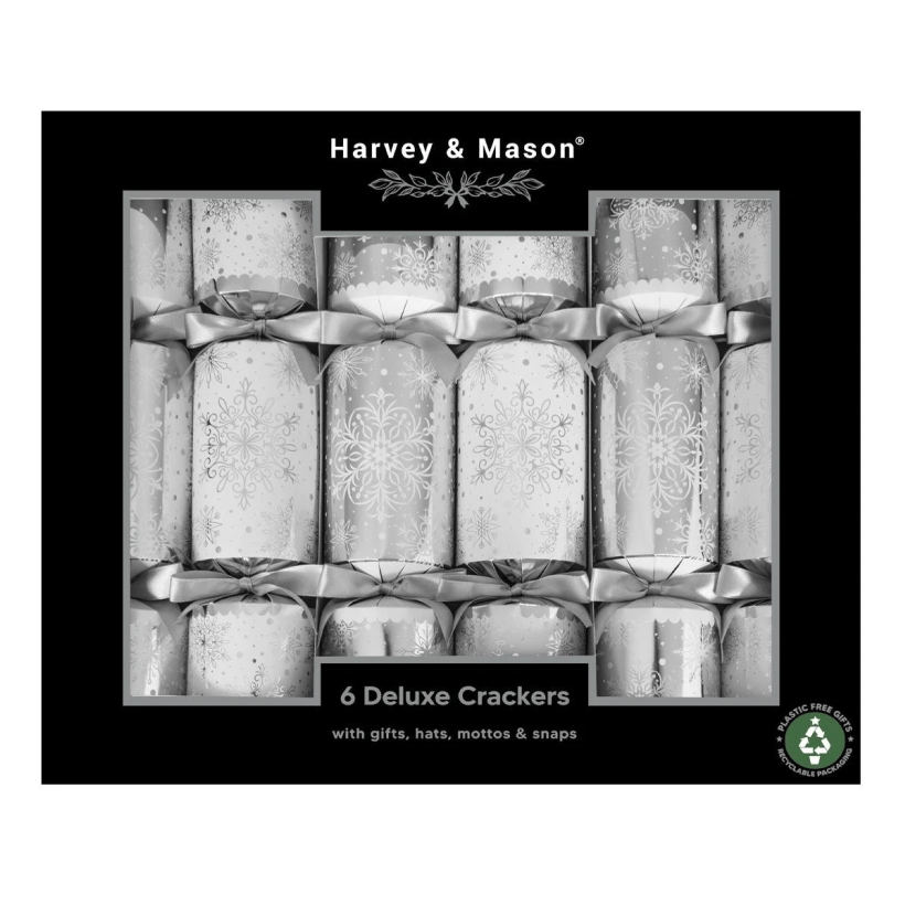 Harvey & Mason Christmas Crackers Silver Snowflake White Pack of 6 - XMAS ACCESSORIES - Beattys of Loughrea