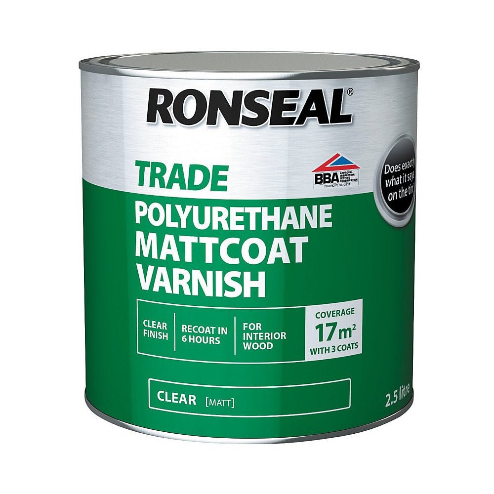 Ronseal Trade Polyurethane Interior Mattcoat Varnish Clear 2.5L - VARNISHES / WOODCARE - Beattys of Loughrea