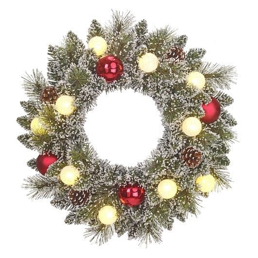 Kaprun Frosted Christmas Wreath with Warm White LED Lighting 45cm - XMAS GARLANDS - Beattys of Loughrea