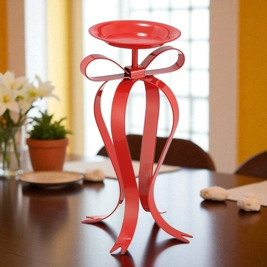 Metal Red Candle Holder with Bow 17 x 14 x 28cm - CANDLE HOLDERS / Lanterns - Beattys of Loughrea