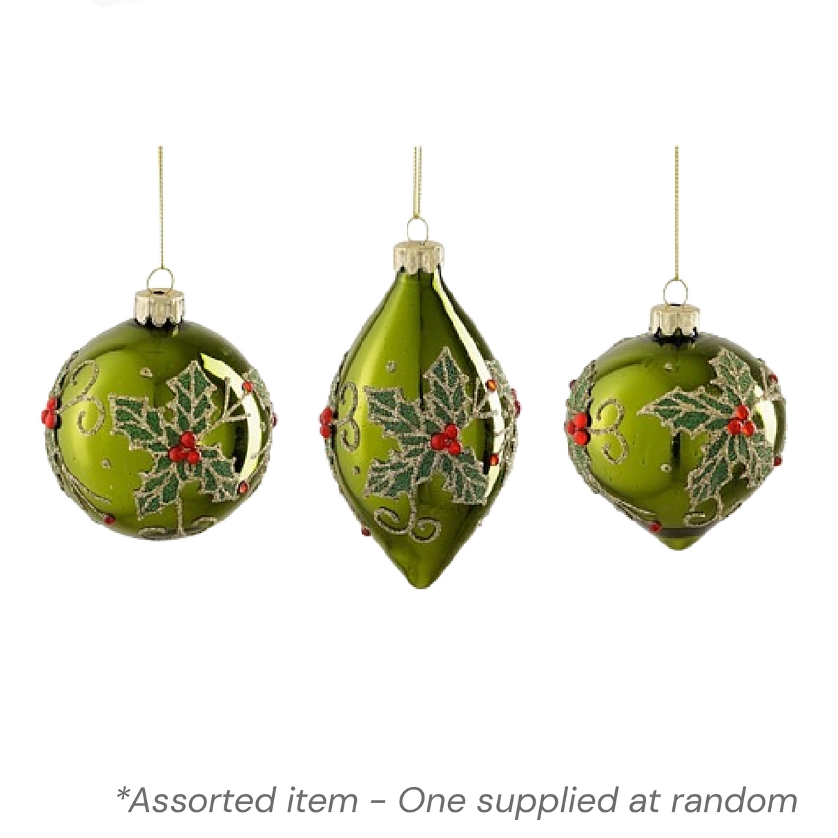 Shiny Green Bauble with Holly 8cm Assorted - One Supplied* - XMAS BAUBLES - Beattys of Loughrea