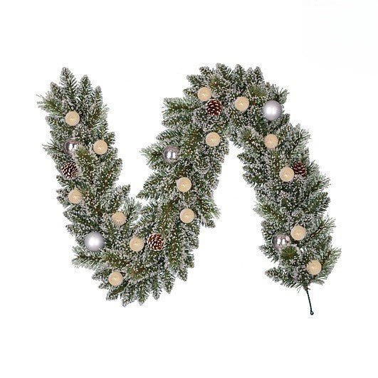 Kaprun Frosted Garland Silver Warm White 15Leds with 120 TIPS Battery Operated with timer 180 x 25cm - XMAS GARLANDS - Beattys of Loughrea