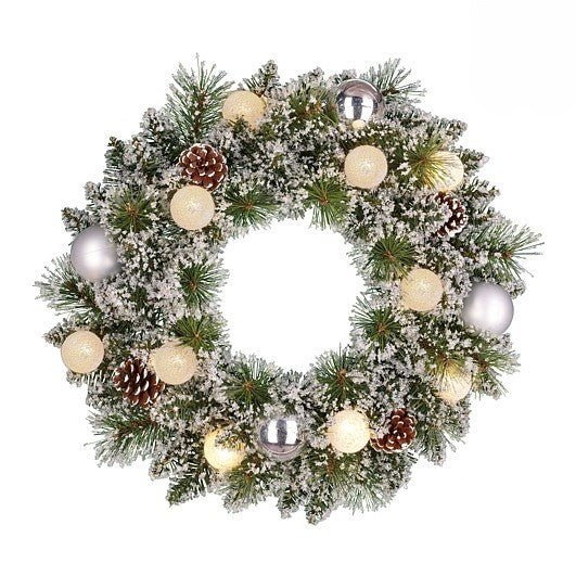 Kaprun Frosted Wreath Silver Warm White 10Leds with 88 TIPS Battery Operated with timer 10 x 45cm - XMAS WREATHS - Beattys of Loughrea
