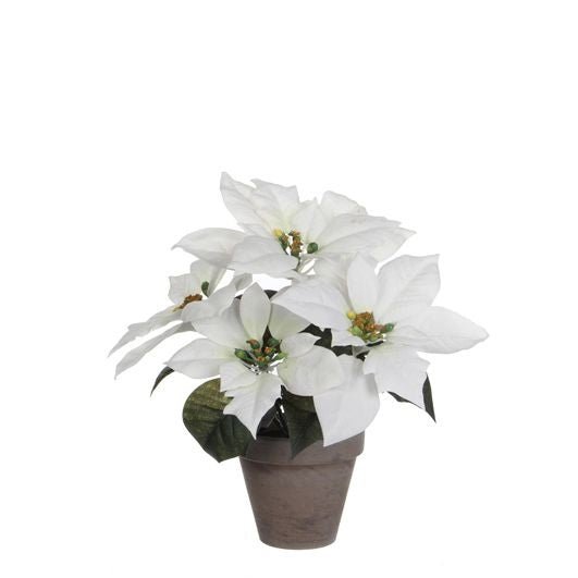 Mica Decorations Artificial White Poinsettia in Grey Pot 35cm - XMAS SOFT DECOS - Beattys of Loughrea