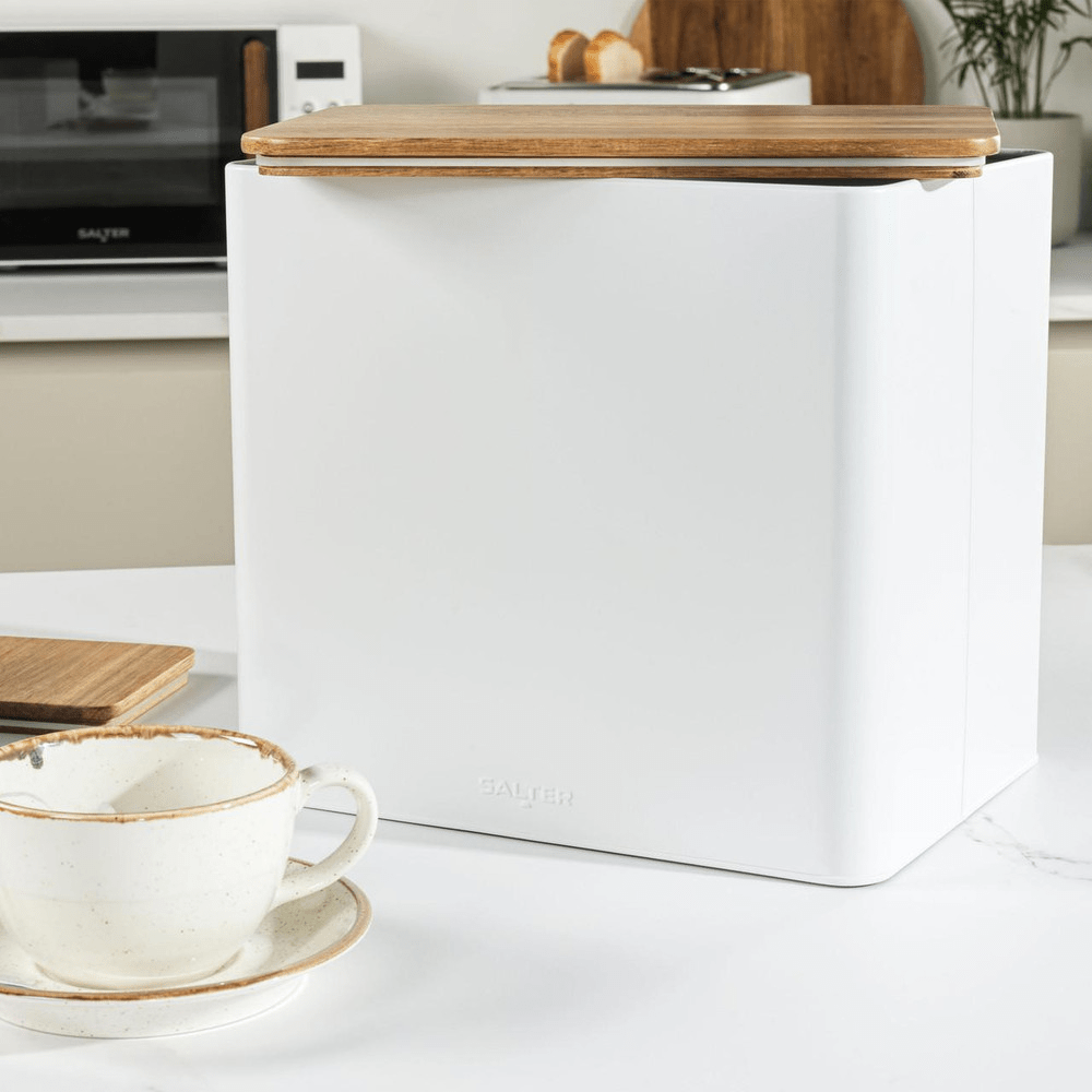 Salter Toronto Bread Bin – White/Wooden - ENAMELWARE/JARS/TRAYS - Beattys of Loughrea
