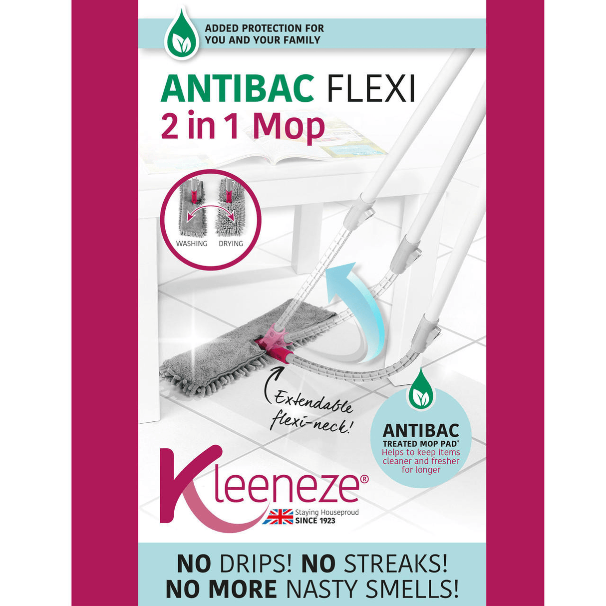 Kleeneze 2 - in - 1 Flexi Mop Treated with Anti Bac Protection - STEAM CLEANER - Beattys of Loughrea