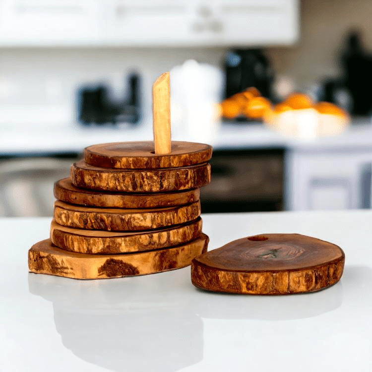 Olive Wood Rustic Coaster Set of 6 with Holder - TABLEMATS/COASTERS - Beattys of Loughrea