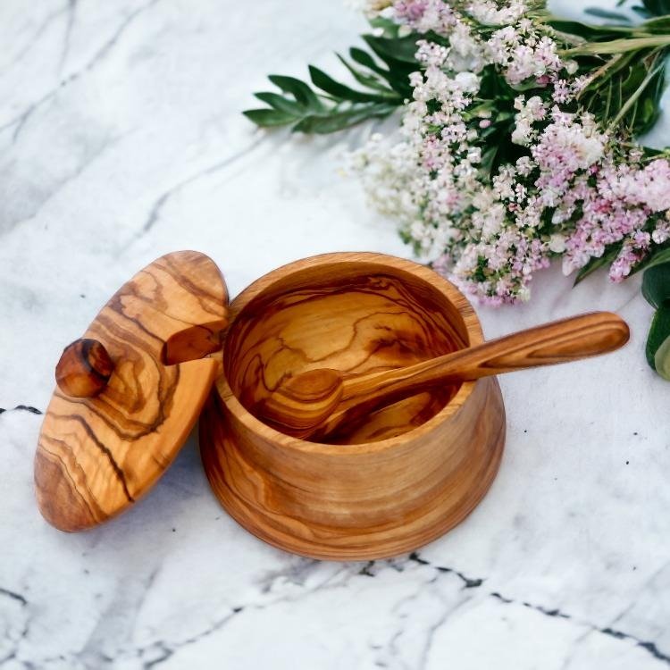 Olive Wood Sugar Bowl with Spoon 10cm - WOODEN KITCHENWARE /ACCESSORIES - Beattys of Loughrea