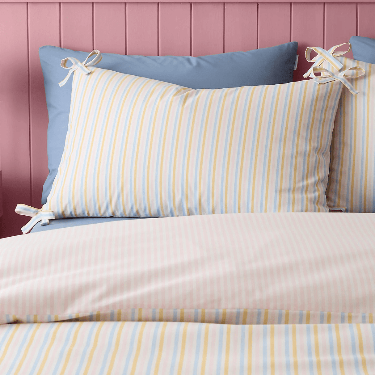 Catherine Lansfield Brighton Stripe Bow Trim Duvet Cover Set - Double - DUVET COVERS - Beattys of Loughrea