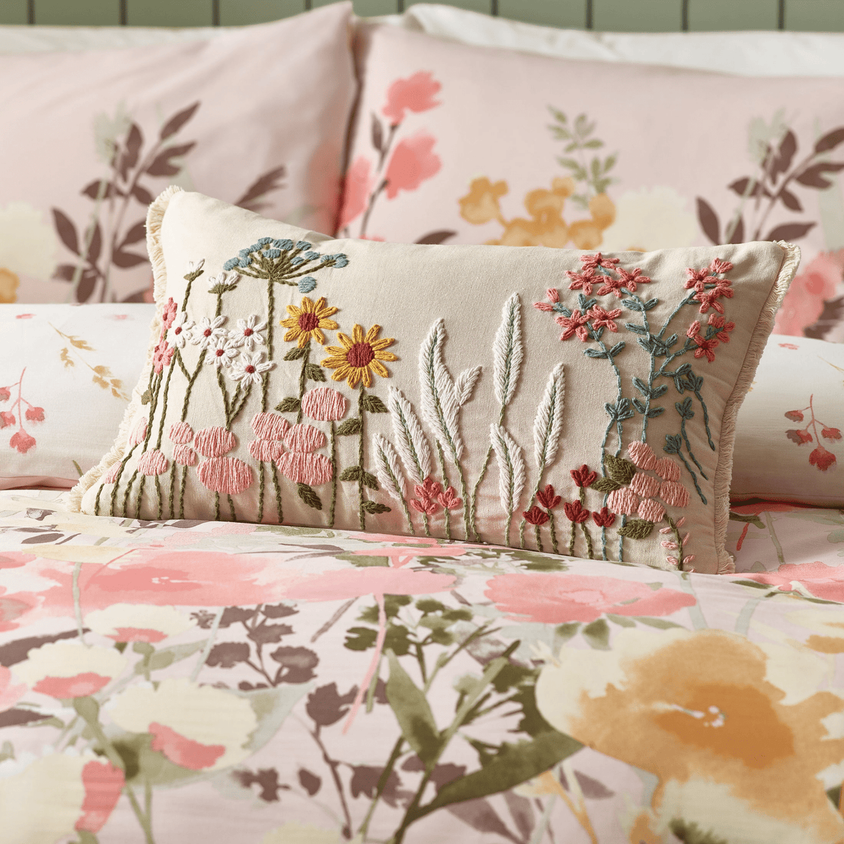 Catherine Lansfield Countryside Floral Embellished Cushion - CUSHIONS/COVERS - Beattys of Loughrea