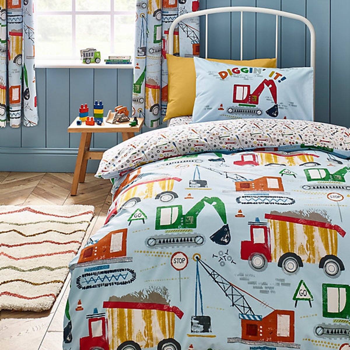 Catherine Lansfield Kids Digger Dreams Reversible Double Duvet Cover Set with Pillowcases Blue - DUVET COVERS - Beattys of Loughrea