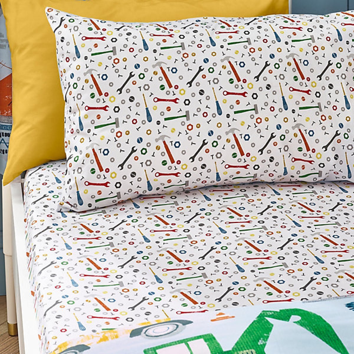 Catherine Lansfield Kids Digger Dreams Single Fitted Sheet Blue - SHEETS/VALANCE/MATTRESS COVER - Beattys of Loughrea