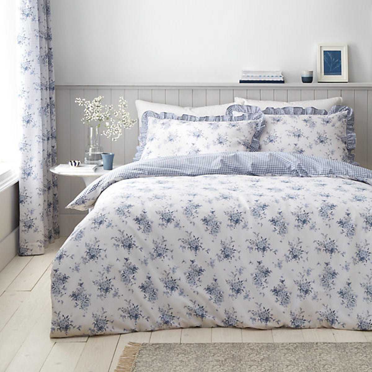 Catherine Lansfield Lucie Floral Frill Reversible King Size Duvet Cover Set with Pillowcases White Blue - DUVET COVERS - Beattys of Loughrea
