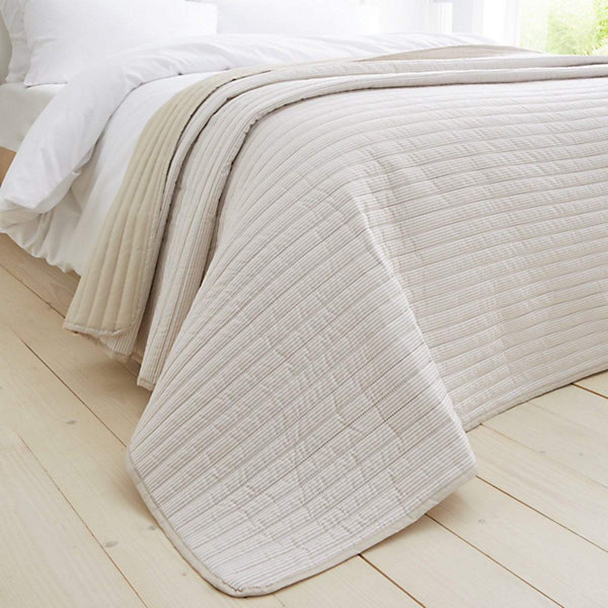 Catherine Lansfield Stripe Quilted Reversible 220 x 230cm Bedspread Natural