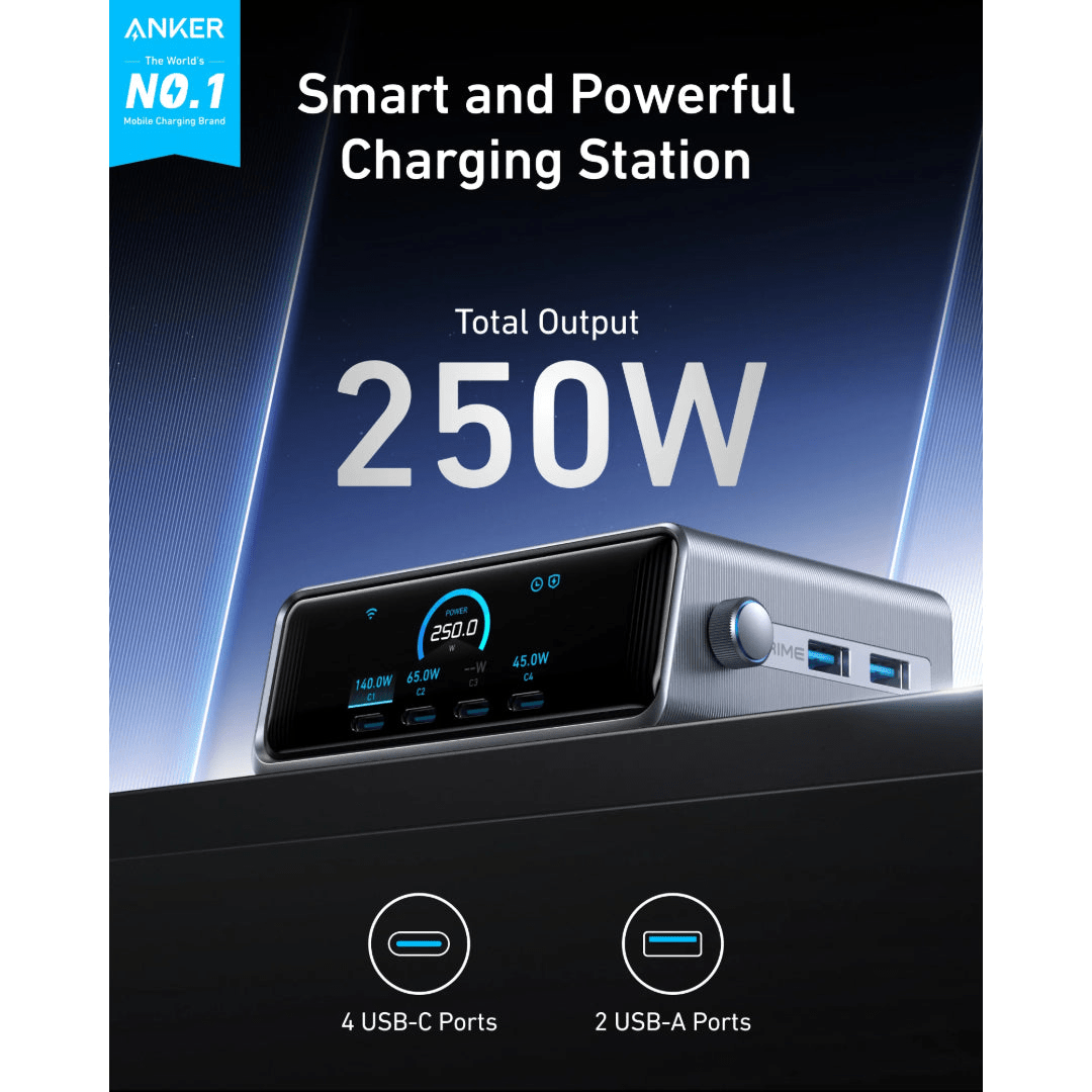 Anker Prime Charger 250W 6 Port GaN Charging Station - USB PC ACCESSORIES - Beattys of Loughrea