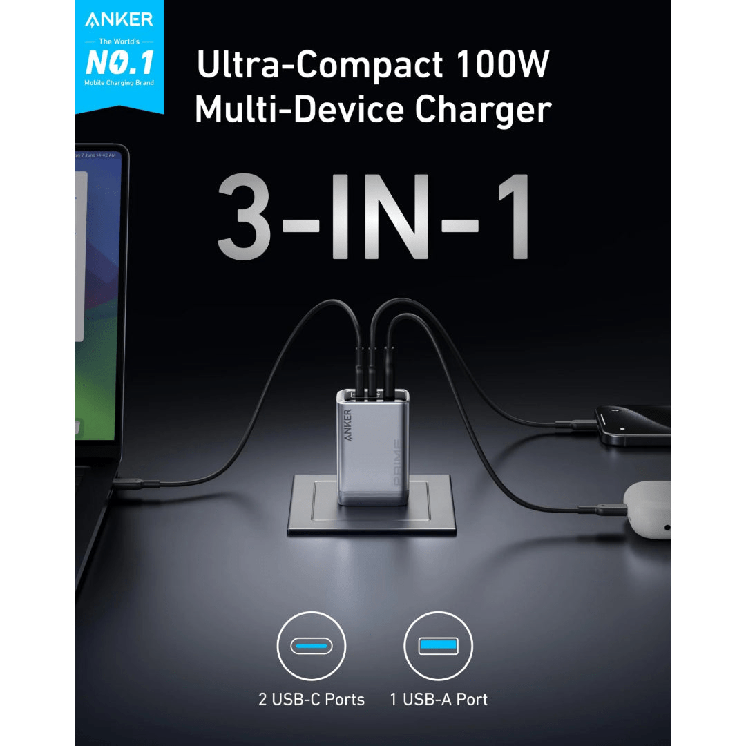 Anker Prime Charger 100W 3 Ports ( 2 x USB C 1 x USB A ) GaNPrime - A2688241 - USB PC ACCESSORIES - Beattys of Loughrea