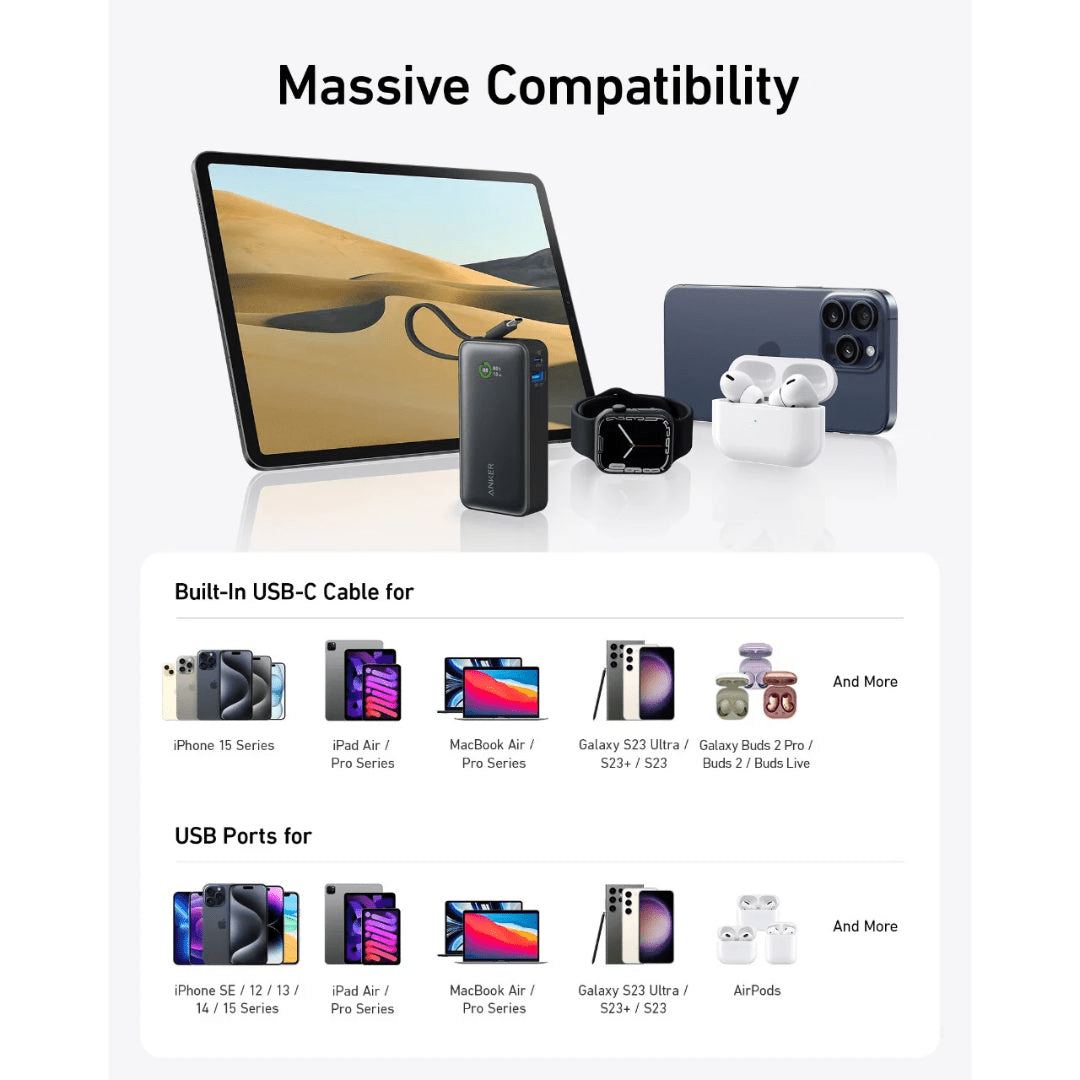 Anker Nano Power Bank 30W 10,000mah Built In USB C Cable - Blue - USB PC ACCESSORIES - Beattys of Loughrea