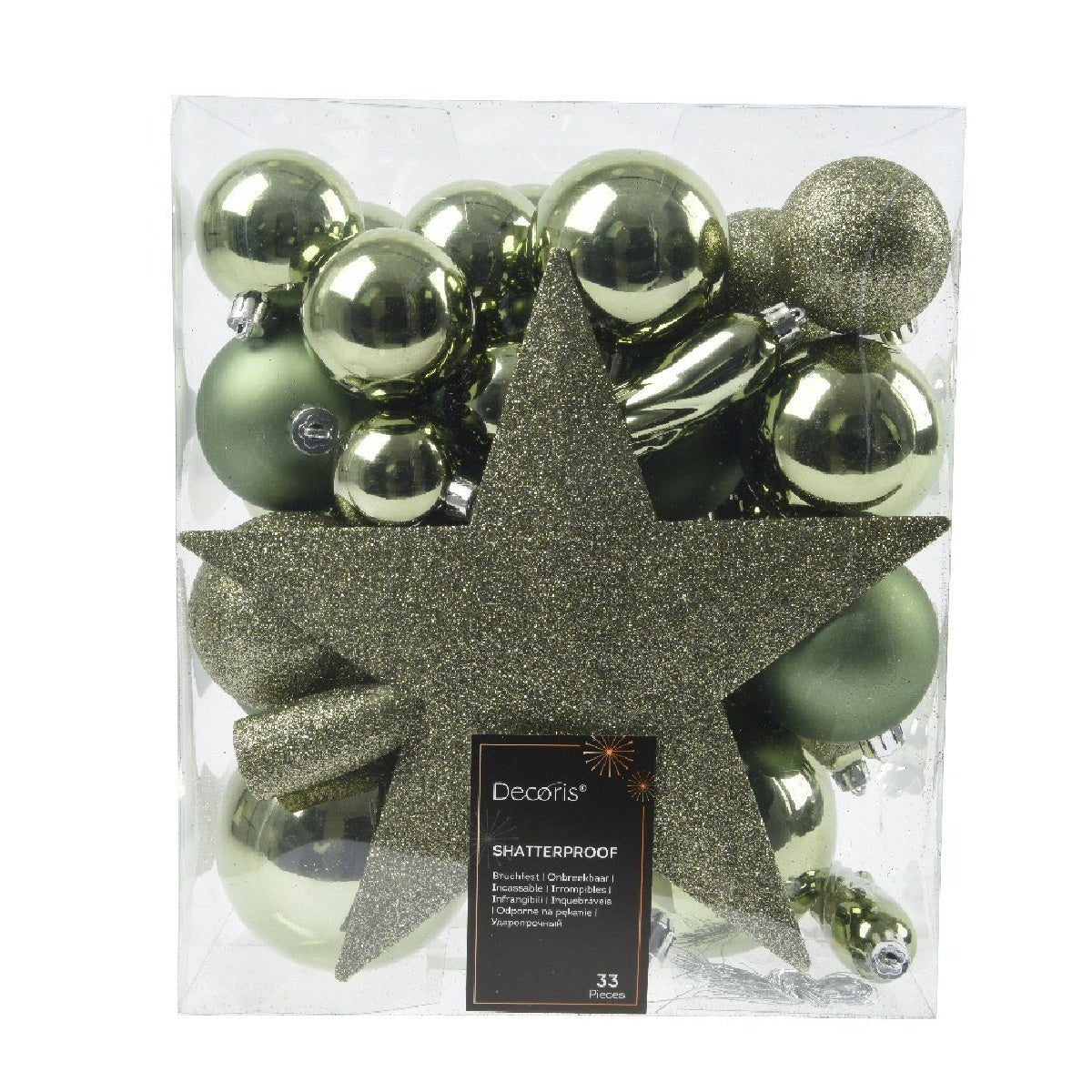 Decoris Assorted Sizes Rosemary Green Baubles 33 Pack - Beattys of Loughrea | www.beattys.ie