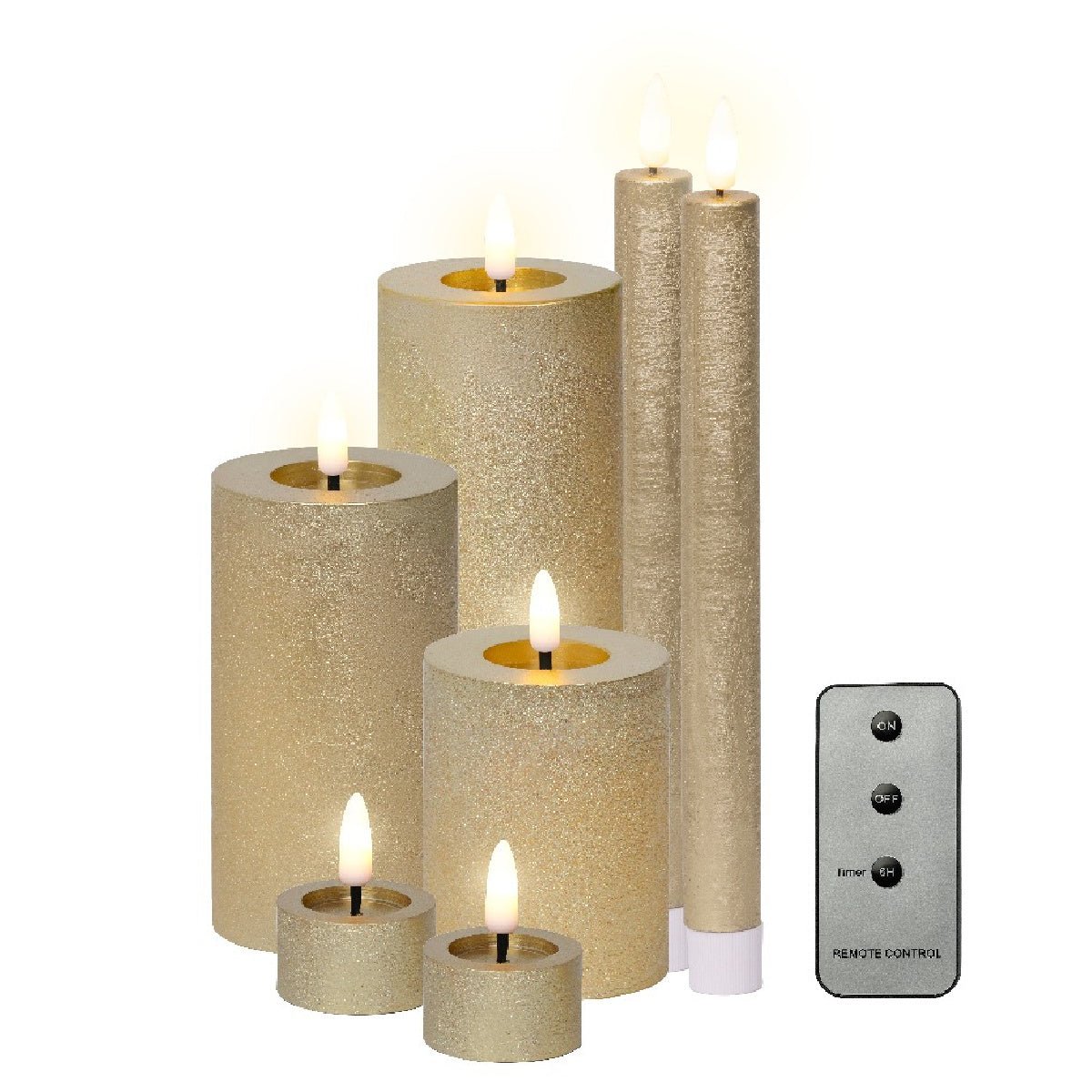 Lumineo Set of 7 LED Candles with Remote Battery Operated - Gold - BATTERY LED CANDLES - Beattys of Loughrea