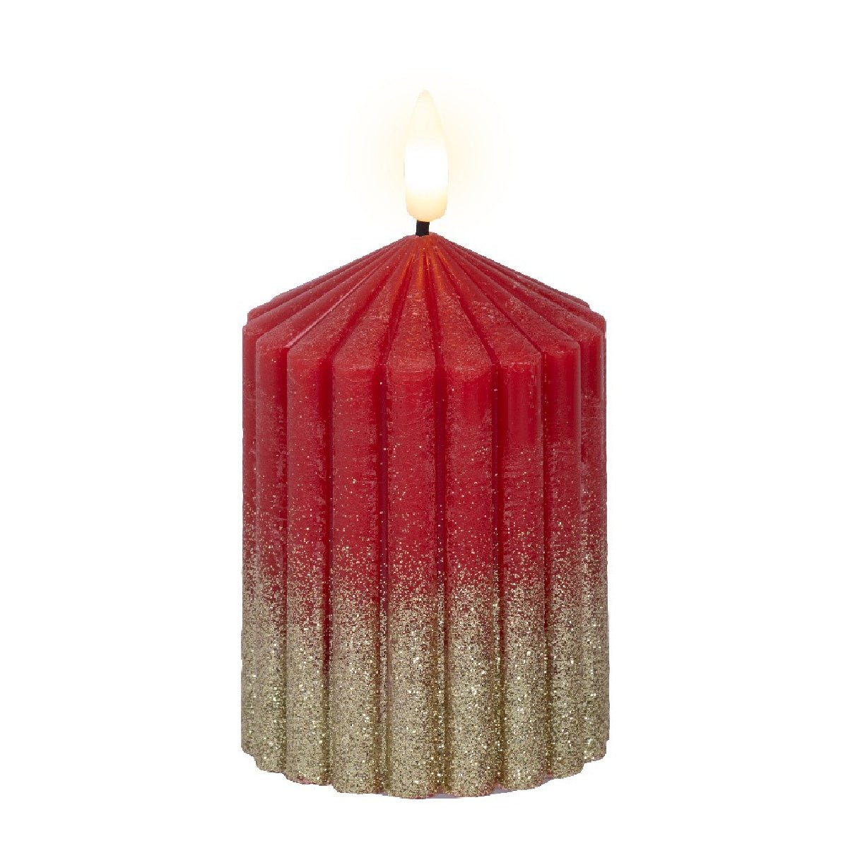 Lumineo Red and Gold Glitter Battery Operated LED Candle 7 x 10cm - XMAS CANDLES - Beattys of Loughrea